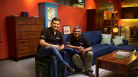 Ambareesh Murthy and Ashish Shah, founders of Pepperfry.com, pose for a profile shoot at Studio PepperFry on August 11, 2015 in Mumbai.