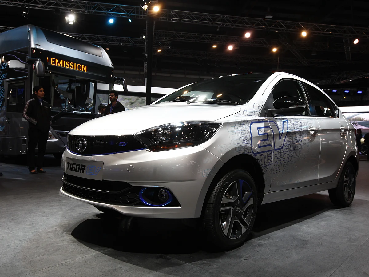 Tata Tigor electric vehicle at the Auto Expo.&nbsp;