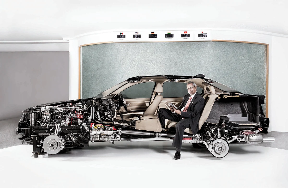  Soumitra bhattacharya, managing director, Bosch, and president, Bosch Group India, in a BMW showing the complex workings of a Bosch powered car. &nbsp;