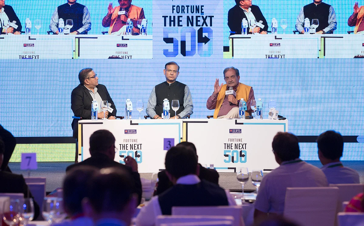 Chaudhary Birender Singh, minister of steel (right), Jayant Sinha, MoS, civil aviation (centre) and Sourav Majumdar, Editor, Fortune India.