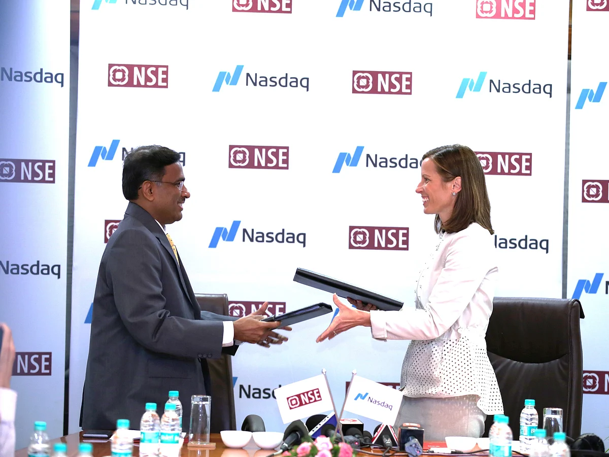 NSE MD and CEO Vikram Limaye (left) with Nasdaq president and CEO Adena Friedman (right)