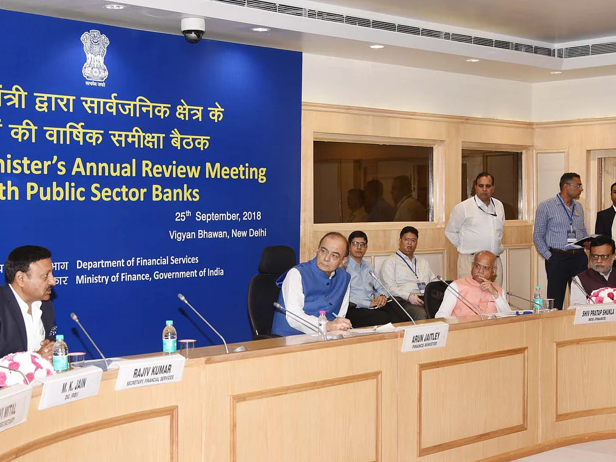 The union minister for finance and corporate affairs, Arun Jaitley chairing the annual review meeting of the CEOs of public sector banks, in New Delhi on September 25, 2018.
