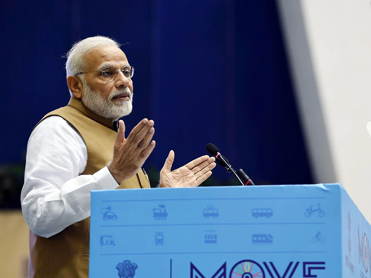 PM Narendra Modi at the Global Mobility Summit, organised by NITI Aayog, in New Delhi.