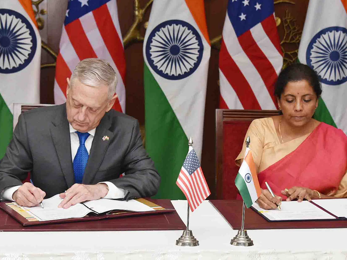 Union Minister for Defence, Nirmala Sitharaman and the US Secretary of Defence, James Mattis signing the Communications Compatibility and Security Agreement (COMCASA), during the ‘2+2 Bilateral Dialogue’ between the two countries, in New Delhi.