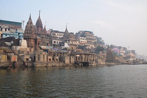View of Varanasi city from a boat on river Ganga, Varanasi, Uttar Pradesh, India.