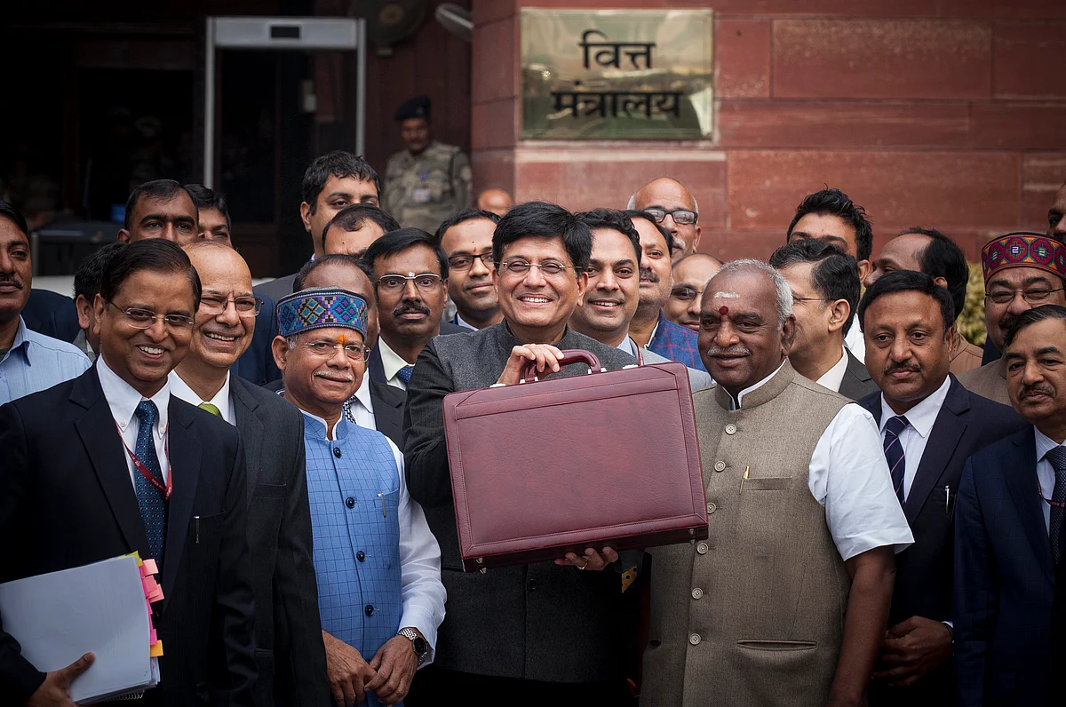 Piyush Goyal, stand-in Finance Minister, outside the North Block before leaving to table the budget in parliament.