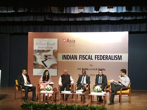 Y.V. Reddy (third from left) and G.R. Reddy (third from right) in a panel discussion with others at the book launch.