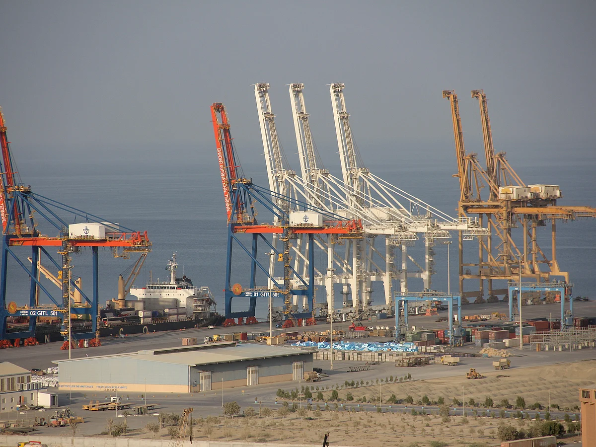 Heavy-duty cranes towering above the first, 602-meter long quay of the port of Gwadar in Baluchsitan, in the southernmost tip of Pakistan.