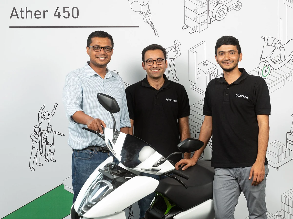 Flipkart co-founder Sachin Bansal, Tarun Mehta, CEO and co-founder, Ather Energy and Swapnil Jain, CTO and co-founder, Ather Energy.