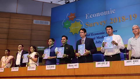 The Chief Economic Adviser (CEA), Dr. Krishnamurthy V. Subramanian at a Press Conference regarding the Economic Survey 2018-19, in New Delhi on July 04, 2019. 