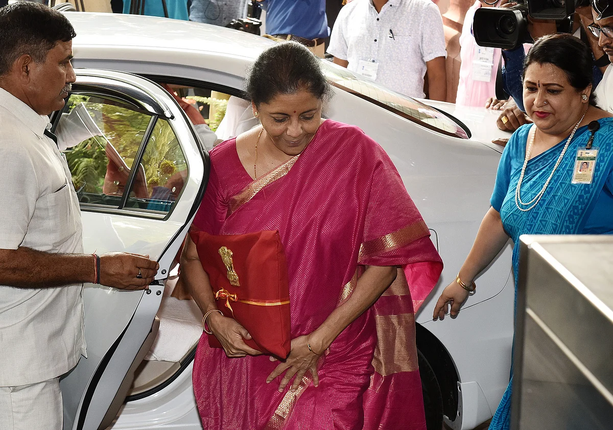 Break from the past: The Union Minister for Finance and Corporate Affairs Nirmala Sitharaman arrives at Parliament House to present the Union Budget 2019-20, in New Delhi on July 5, 2019. Sitharaman carried a traditional ‘bahi-khata’ instead of the briefcase carrying the Budget papers.