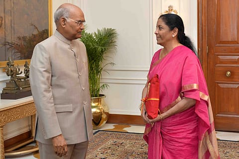 Finance Minister Smt Nirmala Sitharaman calling on President Kovind at Rashtrapati Bhavan before presenting the Union Budget.