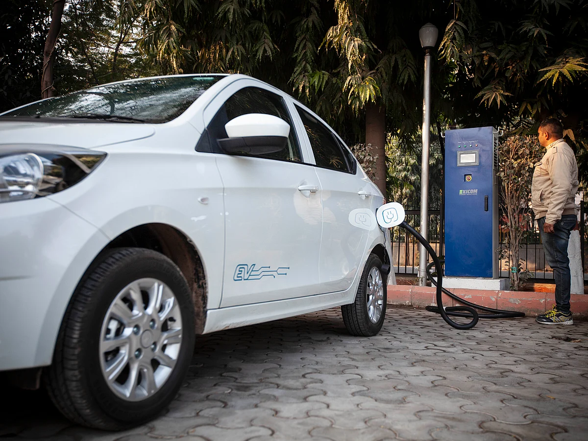 An electric vehicle charging station in Delhi.