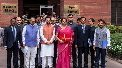 Finance minister Nirmala Sitharaman and MoS Finance Anurag Thakur with finance ministry officials.
