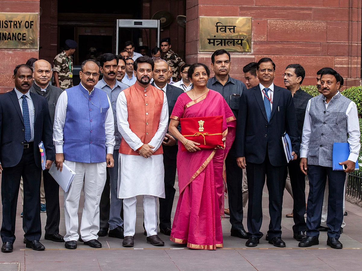 Finance minister Nirmala Sitharaman and MoS Finance Anurag Thakur with finance ministry officials.