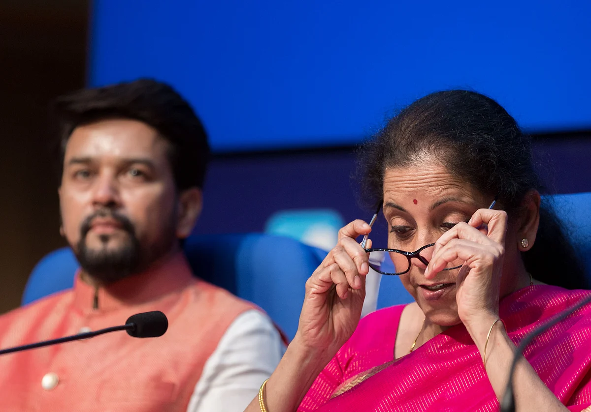  Nirmala Sitharaman, Finance Minister and Anurag Thakur, MoS Finance, addressing&nbsp; a post budget press conference in New Delhi. 