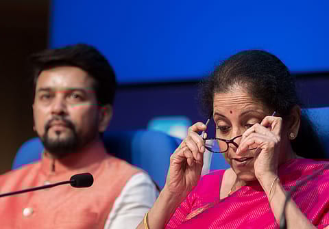  Nirmala Sitharaman, Finance Minister and Anurag Thakur, MoS Finance, addressing&nbsp; a post budget press conference in New Delhi. 