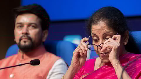 Finance minister Nirmala Sitharaman and Anurag Thakur, MoS finance, addressing  a post budget press conference in New Delhi.