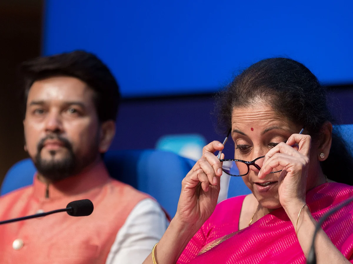 Finance minister Nirmala Sitharaman and Anurag Thakur, MoS finance, addressing&nbsp; a post budget press conference in New Delhi. 