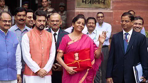 Finance minister Nirmala Sitharaman and MoS Finance Anurag Thakur with finance ministry officials.