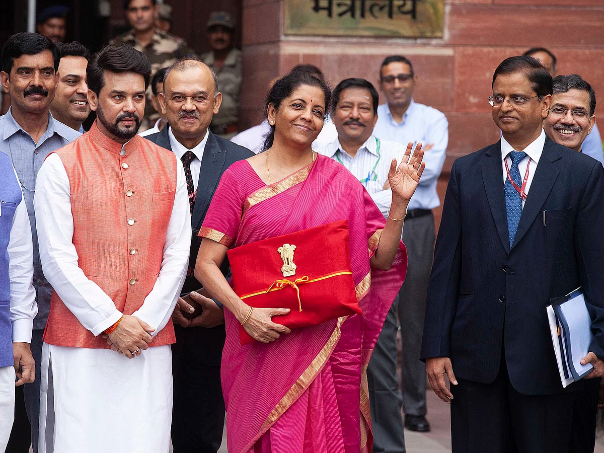  Finance minister Nirmala Sitharaman and MoS Finance Anurag Thakur with finance ministry officials.