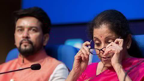 Finance minister Nirmala Sitharaman and minister of state for finance Anurag Thakur at a post Budget press conference.
