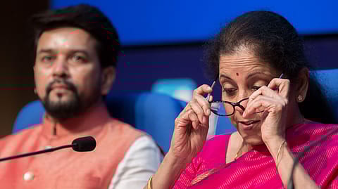Finance minister Nirmala Sitharaman and minister of state for finance Anurag Thakur at a post Budget press conference.