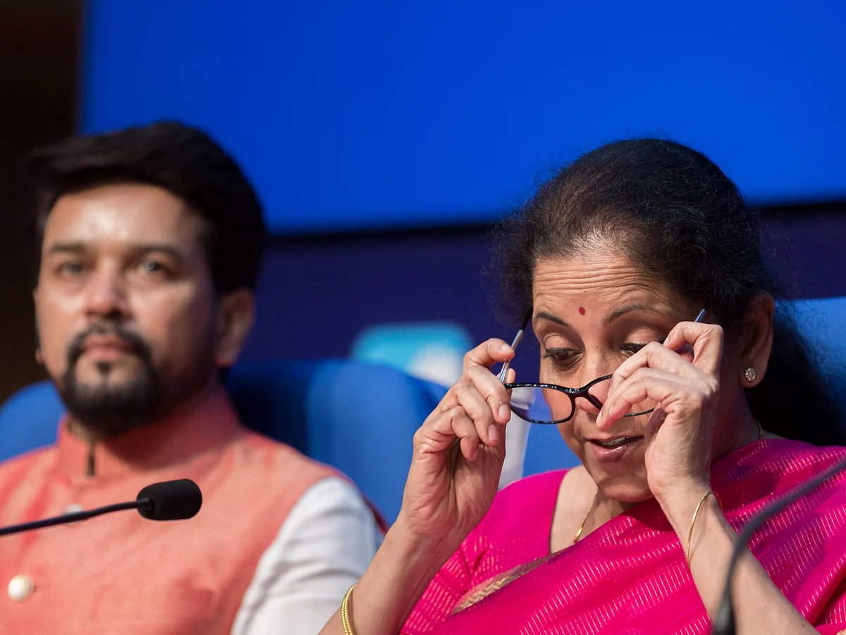 Finance minister Nirmala Sitharaman and minister of state for finance Anurag Thakur at a post Budget press conference.