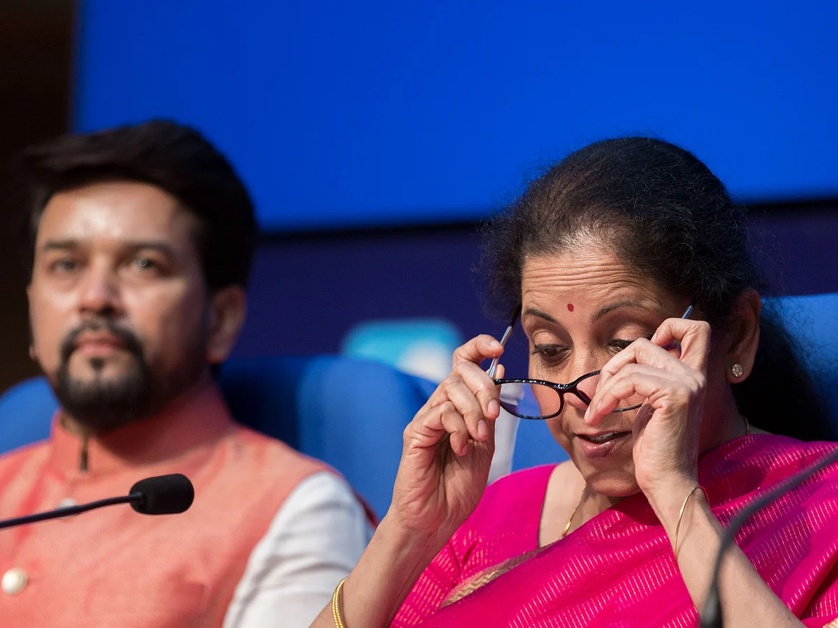 Finance minister Nirmala Sitharaman and minister of state for finance Anurag Thakur at a post Budget press conference.
