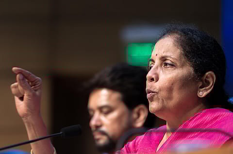  Nirmala Sitharaman, Finance Minister and Anurag Thakur, MoS Finance, addressing&nbsp; a post budget press conference in New Delhi. 