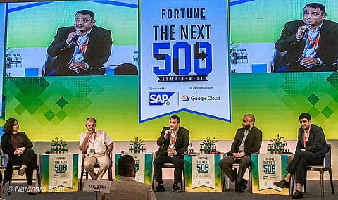 (From left) Devita Saraf of Vu Technologies, Ullas Kamath of Jyothy Labs, Krishnan Chatterjee of SAP Indian Subcontinent, Nachiket Pantvaidya of ALT Digital Media Entertainment, and Sreevathsa Prabhakar of Servify in a panel discussion at the <i>Fortune India</i> Next 500 summit-West in Mumbai on Tuesday.