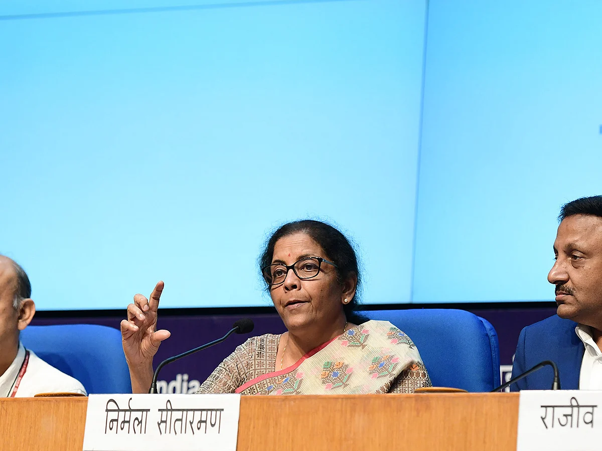Minister for Finance and Corporate Affairs Nirmala Sitharaman addressing a press conference, in New Delhi on August 30, 2019.&nbsp;