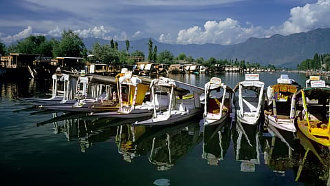 Rows of shikara - traditional wooden tourist boats - on Dal Lake, Srinagar, Kashmir.