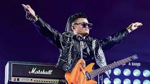Jack Ma performs during Alibaba’s 20th anniversary gala at Hangzhou Olympic Center Stadium.