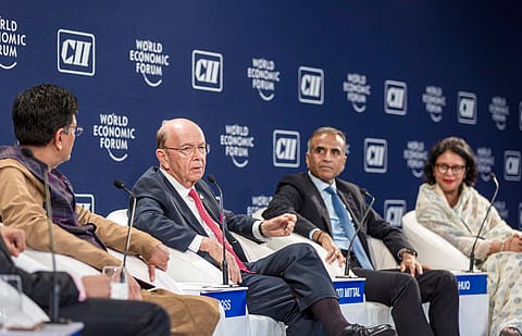 From Left: Piyush Goyal, Minister of Commerce and Industry and Minister of Railways of India, Wilbur L. Ross, Secretary of Commerce of the United States, Sunil Bharti Mittal, Chairman, Bharti Enterprises, and Rubana Huq, managing director of Mohammadi Group, a Bangladeshi conglomerate, at India Economic Summit on October 03, 2019.