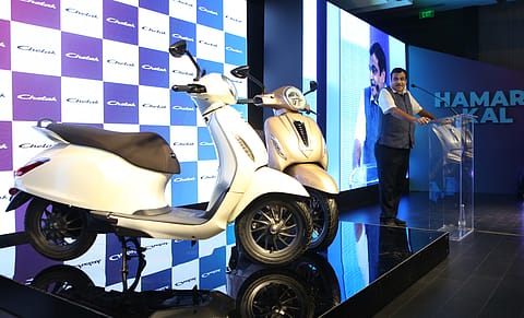 <em>Nitin Gadkari, </em>Union minister for road transport and highways, during <em>Bajaj</em> Auto’s first electric <em>scooter launch in New Delhi on October 16, 2019.</em>