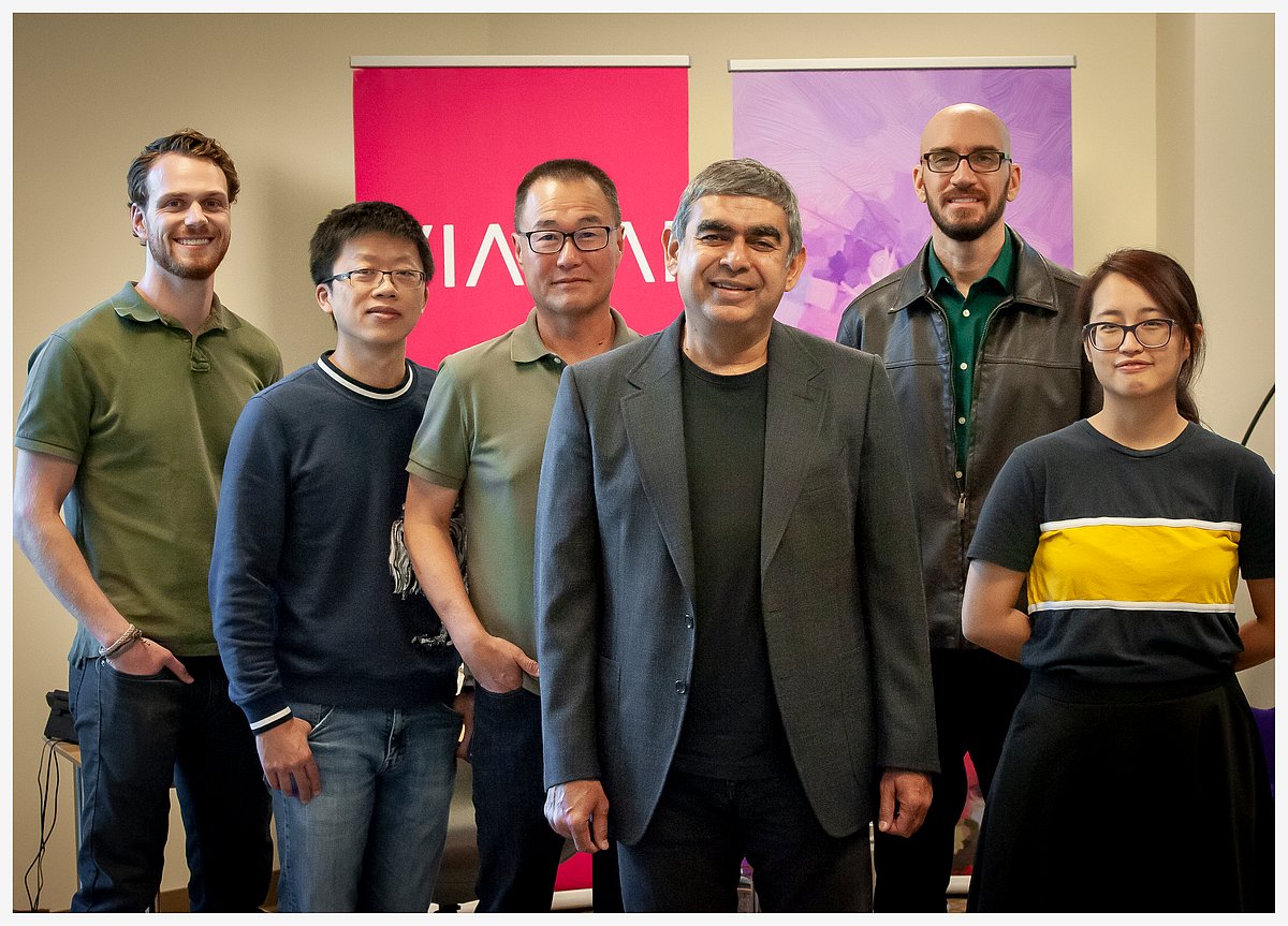 Vishal Sikka (centre), founder and CEO, Vianai Systems at his Palo Alto office&nbsp;