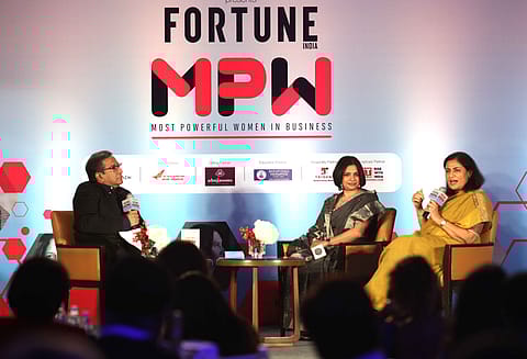 Sourav Majumdar (left), editor, <i>Fortune India</i> in a fireside chat with Jyoti Deshpande (centre), president-media and entertainment, Reliance Industries, and Apurva Purohit, president, Jagran Prakashan Group, at the <i>Fortune India</i> MPW Summit.