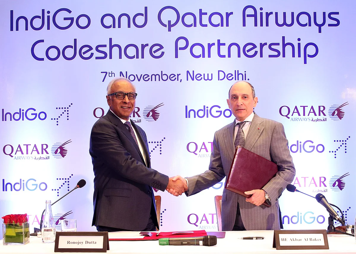 Qatar Airways Group CEO Akbar Al Baker [right] with Indigo CEO Ronojoy Dutta during the signing of the codeshare agreement in New Delhi.
