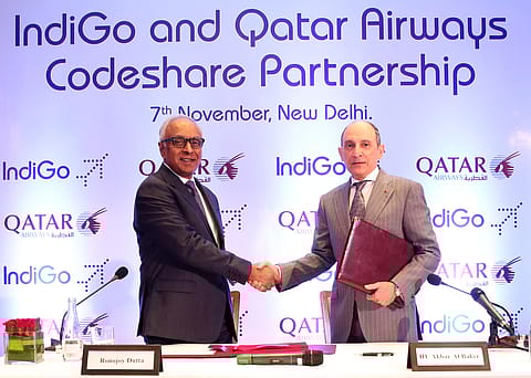 Qatar Airways Group CEO Akbar Al Baker [right] with Indigo CEO Ronojoy Dutta during the signing of the codeshare agreement in New Delhi.