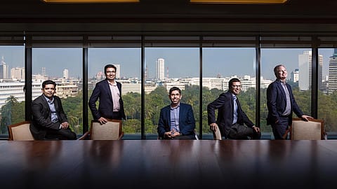From Left -Narendra Ostawal, MD, Healthcare, Financial Services, Warburg Pincus Anish Saraf, MD, Healthcare, Warburg Pincus, Viraj Sawhney, MD, Media & Telecommunications, Industrial and business services, Warburg Pincus, Vishal Mahadevia, India Head and MD, and <em>Charles</em> R. <em>Kaye</em>, Global Co-Chief Executive Officer, Warburg Pincus.