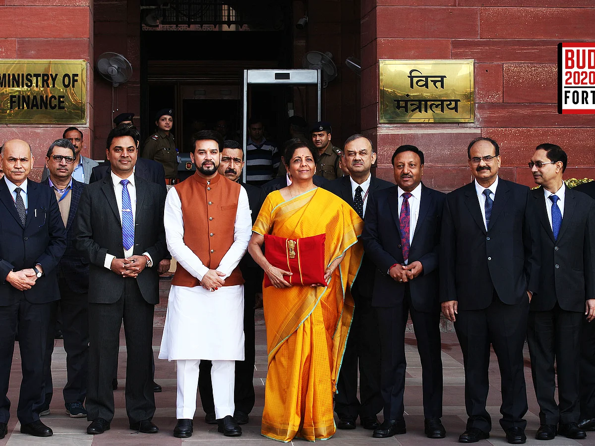 Finance minister Nirmala Sitharaman with minister of state Anurag Singh Thakur and finance ministry officials before presenting her second Budget on Saturday.