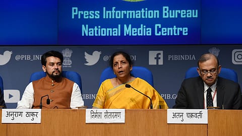 Finance minister Nirmala Sitharaman and minister of state for finance Anurag Thakur, and economic affairs secretary Atanu Chakraborty at the post-Budget press conference.