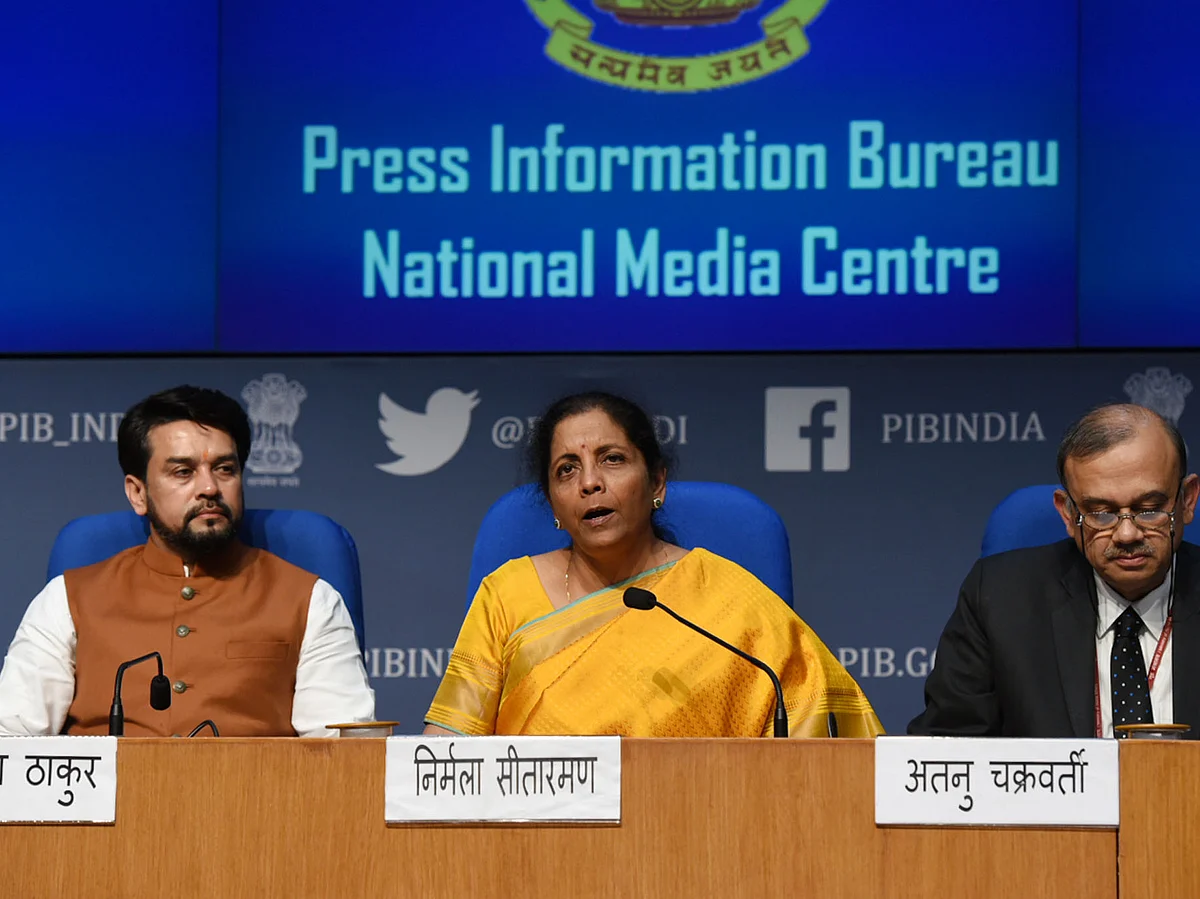 Finance minister Nirmala Sitharaman and minister of state for finance Anurag Thakur, and economic affairs secretary Atanu Chakraborty at the post-Budget press conference.