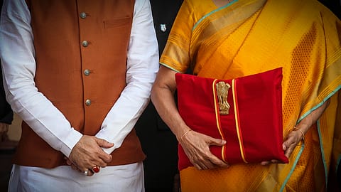 Minister for finance and corporate affairs, Nirmala Sitharaman departs from North Block to Rashtrapati Bhavan and Parliament House, along with the minister of state for finance and corporate affairs Anurag Singh Thakur to present the General Budget 2020-21, in New Delhi on February 01, 2020.