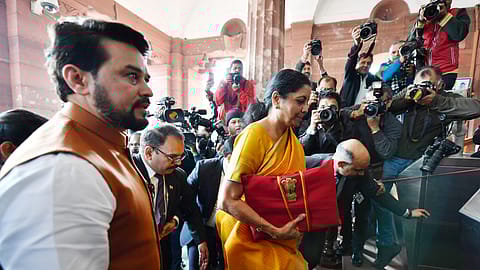 Finance minister Nirmala Sitharaman and minister of state for finance Anurag Thakur arrive at the Parliament House to present the Budget.