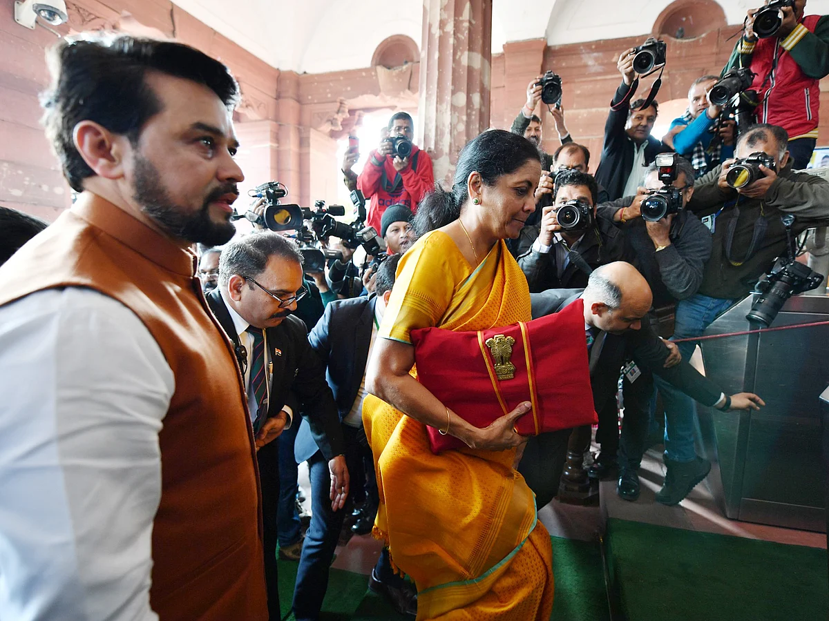 Finance minister Nirmala Sitharaman and minister of state for finance Anurag Thakur arrive at the Parliament House to present the Budget.