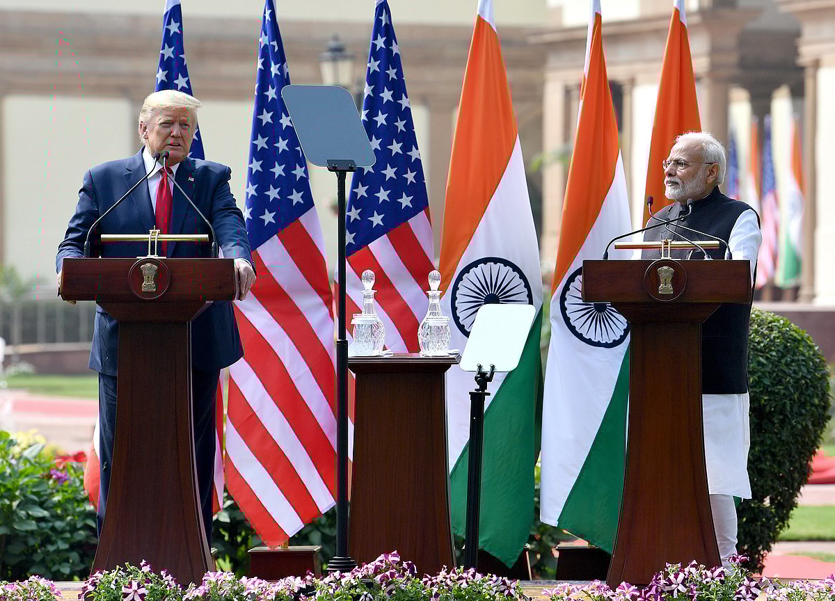 Prime Minister Narendra Modi with U.S. President Donald Trump at the Joint Press Statements, at Hyderabad House, in New Delhi on February 25, 2020.