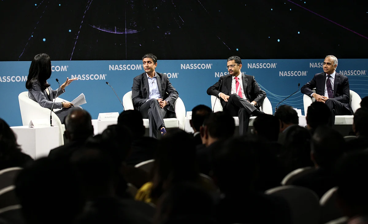 Wipro chairman Rishad Premji, TCS managing director and CEO Rajesh Gopinathan, and Infosys MD and CEO Salil Parekh at the Nasscom Technology and Leadership Forum 2020.