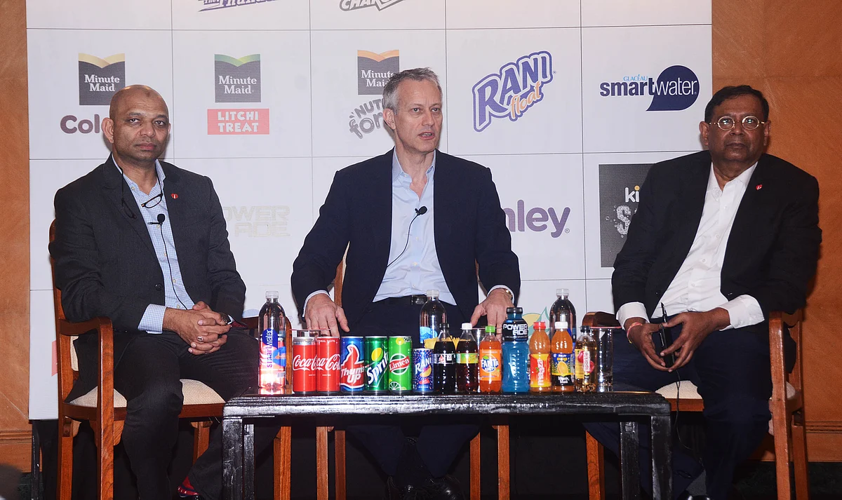 From left:  Ishteyaque Amjad, vice president, public affairs, communications, and sustainability, Coca-Cola India and South West Asia; James Quincey, chairman and CEO, The Coca-Cola Company; and T. Krishnakumar, president, Coca-Cola India and South West Asia.